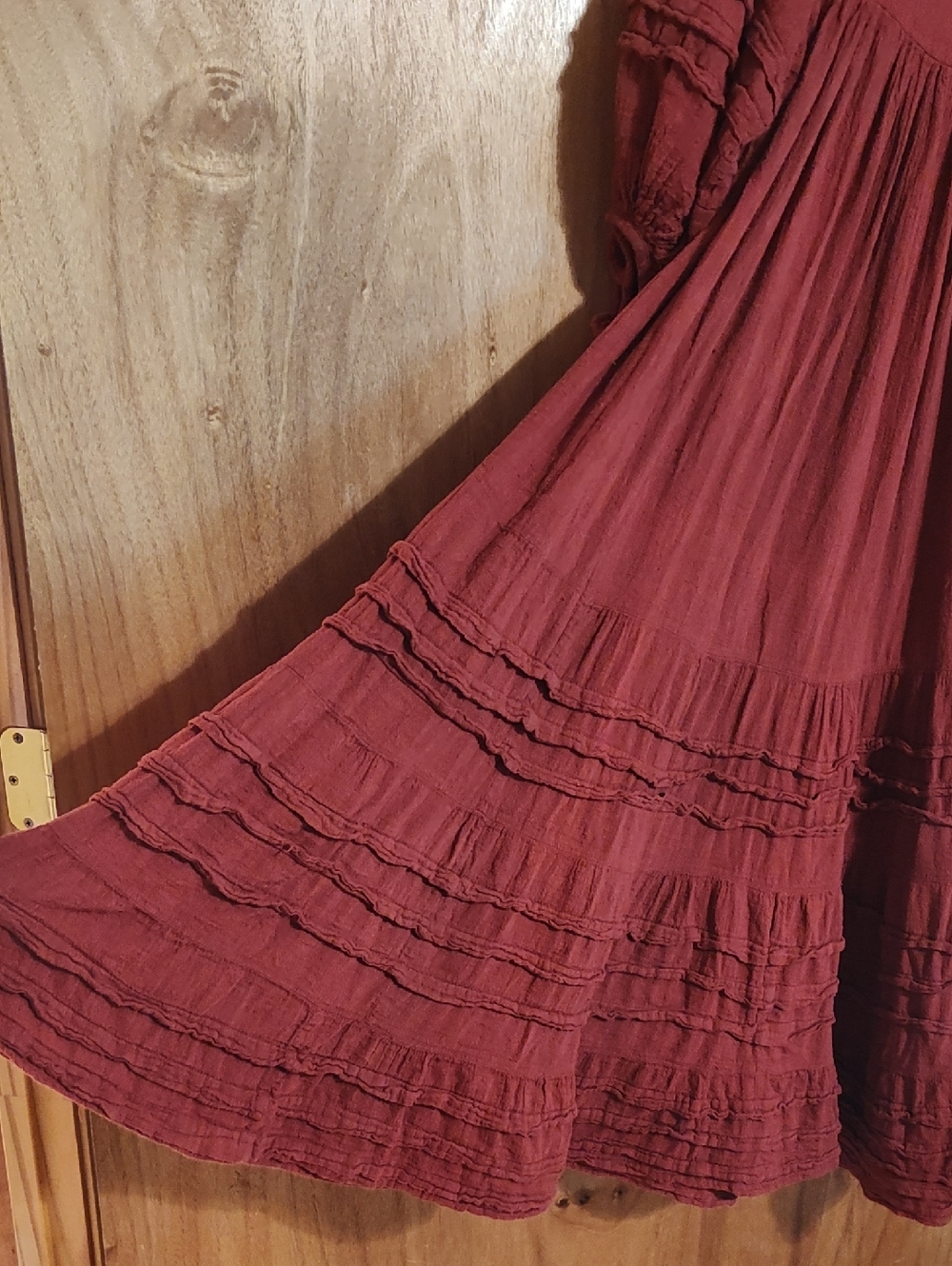 Boho Peasant Dress Brick Red Slub Puff Sleeve Ruffled Tiers Victorian Ren Fair S - Picture 6 of 16